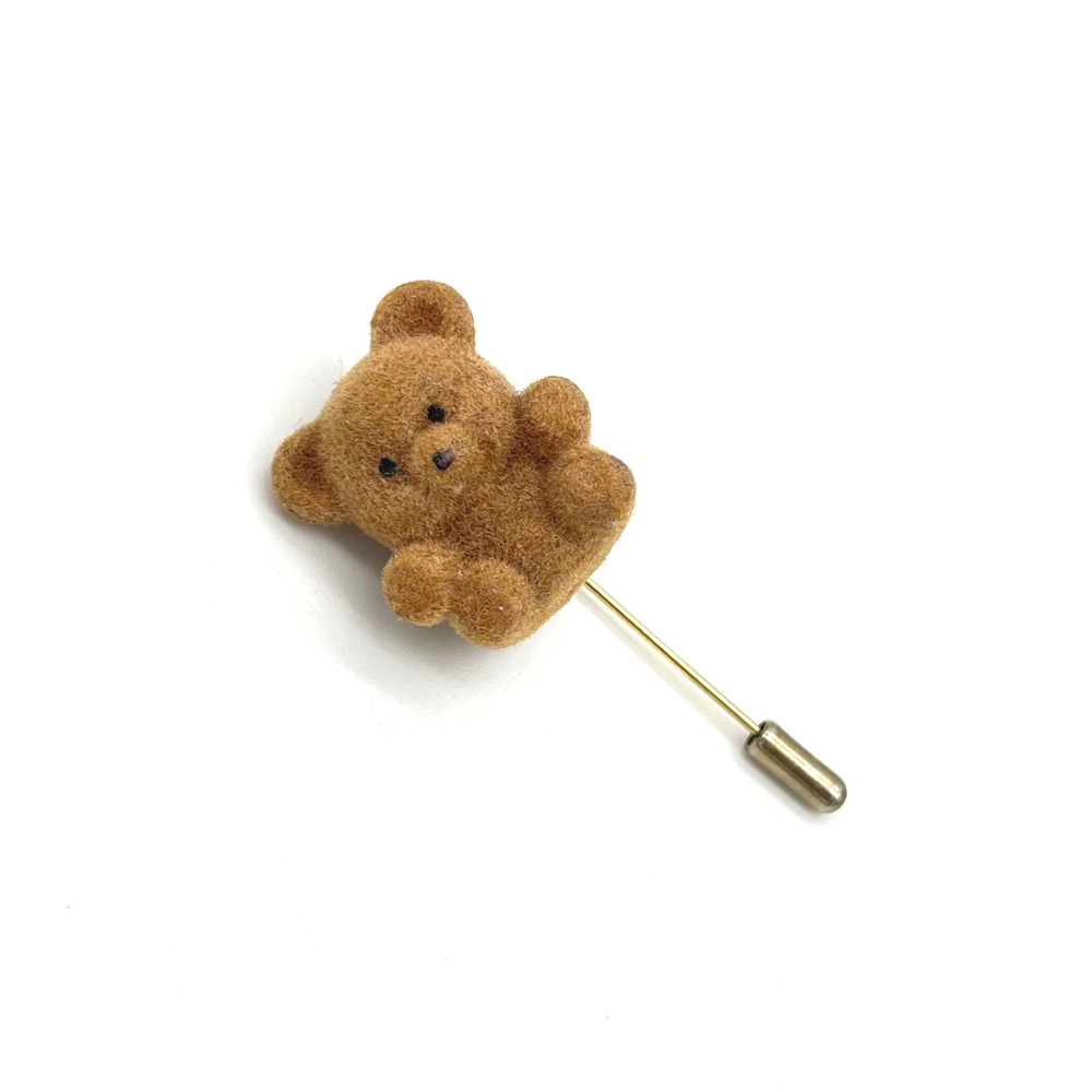 Vintage Flocked Teddy Bear Stick Pin Brown Fuzzy Animal Lapel Hat Pin 2.5 Inch
